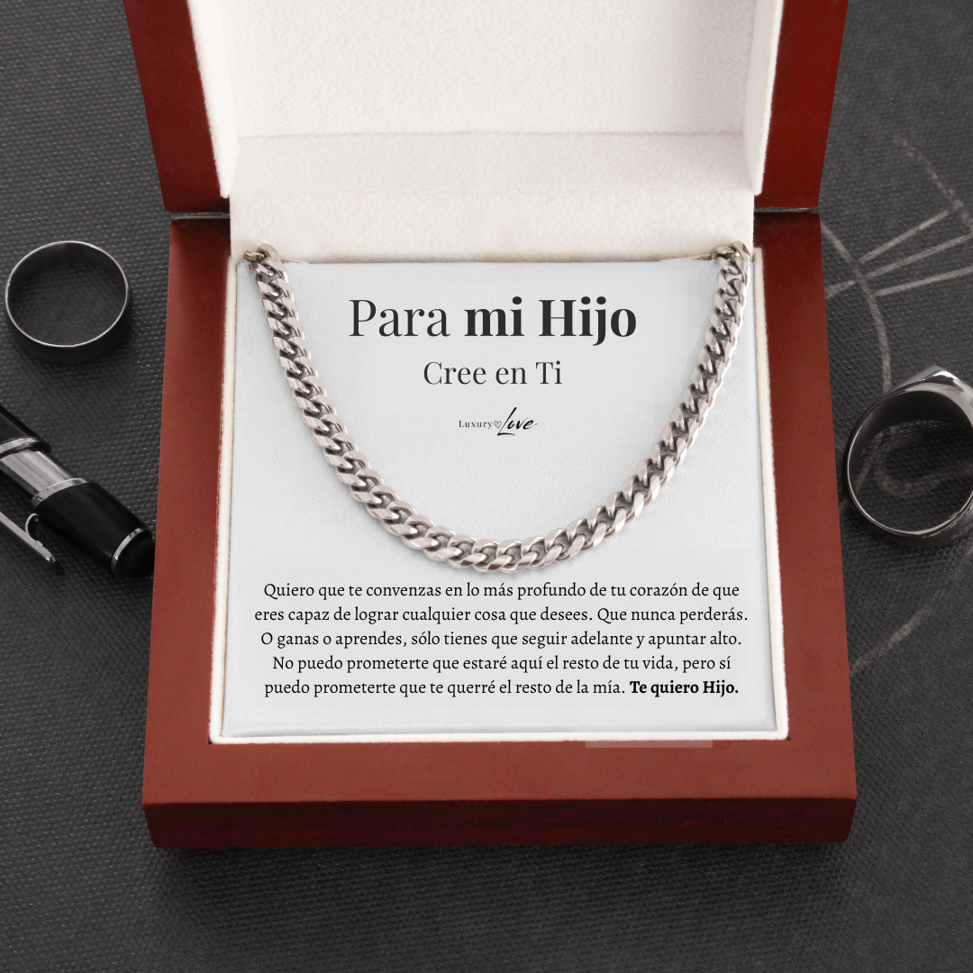 Collar Cuban Style® Plateado para mi Hijo (con carta dedicada y Caja con Luz)